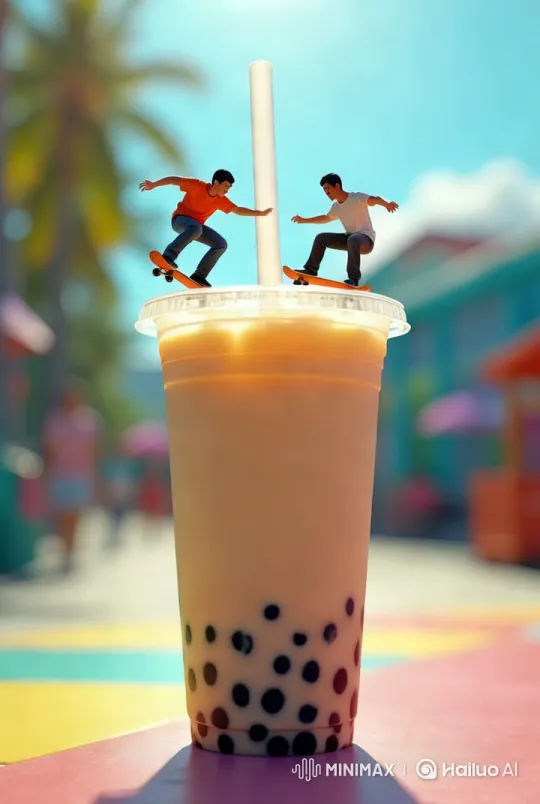 Miniature Skateboarders on a Bubble Tea Cup – AI Generated Video | Hailuo AI