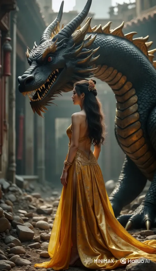 Regal Chinese Woman Meets Majestic Dragon in Ancient Ruins – AI Generated Video | Hailuo AI