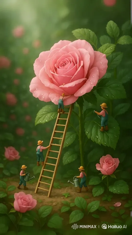 Miniatures Tend to Giant Pink Rose in Lush Garden – AI Generated Video | Hailuo AI