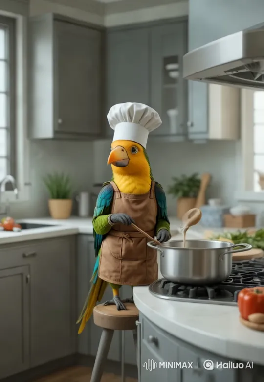 Parrot Chef Preparing Meal in Modern Kitchen – AI Generated Video | Hailuo AI
