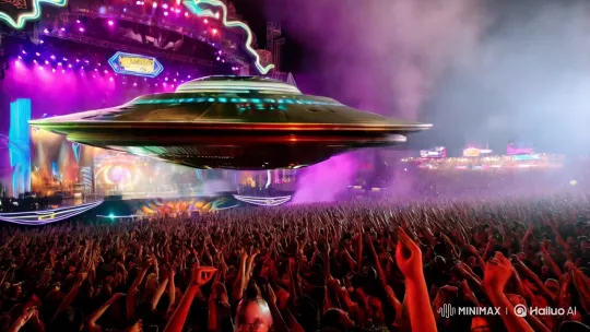 Flying Saucer Meets Rock Concert in Surreal Scene – AI Generated Video | Hailuo AI