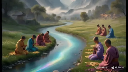 Monks Meditating by a River in a Serene Valley – AI Generated Video | Hailuo AI