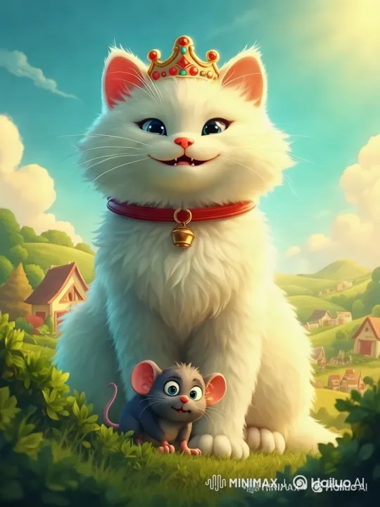 Regal Cat and Awestruck Mouse in Cartoonish Green Village – AI Generated Video | Hailuo AI