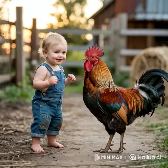 Boy Fights Rooster on Rustic Farmyard – AI Generated Video | Hailuo AI