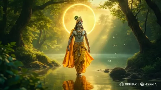 Lord Krishna Strolls Through Enchanted Forest in Golden Splendor – AI Generated Video | Hailuo AI