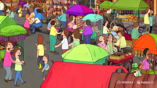 Vibrant 2D Animation of a Bustling Street Market – AI Generated Video | Hailuo AI