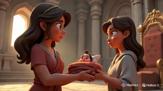 Joyful Exchange in Grand Hall with Women and Baby – AI Generated Video | Hailuo AI