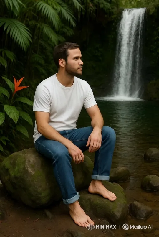Man Feeds Birds by Tranquil Waterfall – AI Generated Video | Hailuo AI