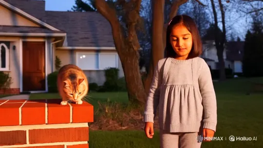 Kind Girl Comforts Hungry Cat in Twilight Scene – AI Generated Video | Hailuo AI