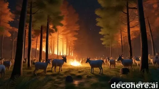 Dramatic Forest Firelight with Goats and Trees – AI Generated Video | Hailuo AI