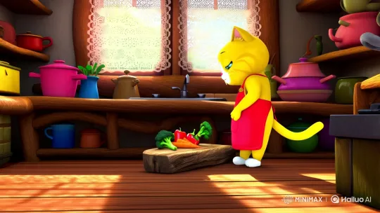 Yellow Cat Cooks Vibrantly in Cozy Kitchen – AI Generated Video | Hailuo AI