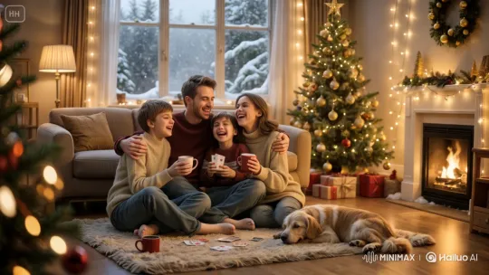 Festive Family Enjoying Winter Warmth and Christmas Cheer – AI Generated Video | Hailuo AI