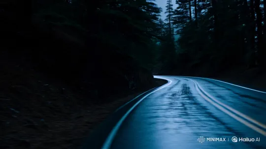 Misty Mountain Road in Nocturnal Forest Panorama – AI Generated Video | Hailuo AI