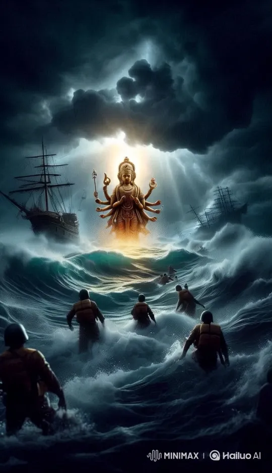 Stormy Seas and Divine Light: Struggle Beneath Lord Krishna's Gaze – AI Generated Video | Hailuo AI