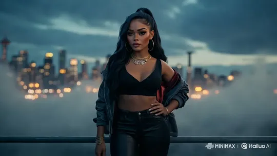 Stylish Woman Poses Confidently Against Twilight Cityscape – AI Generated Video | Hailuo AI