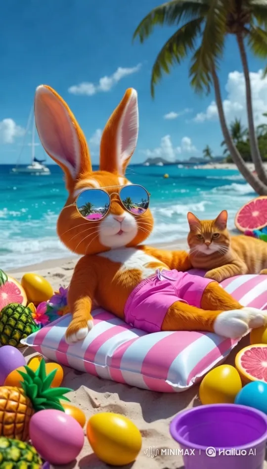 Orange Bunny and Cat Relax on a Colorful Beach – AI Generated Video | Hailuo AI