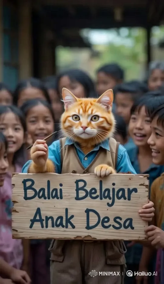 Village Cat Engages Children with Sign in Rustic Setting – AI Generated Video | Hailuo AI