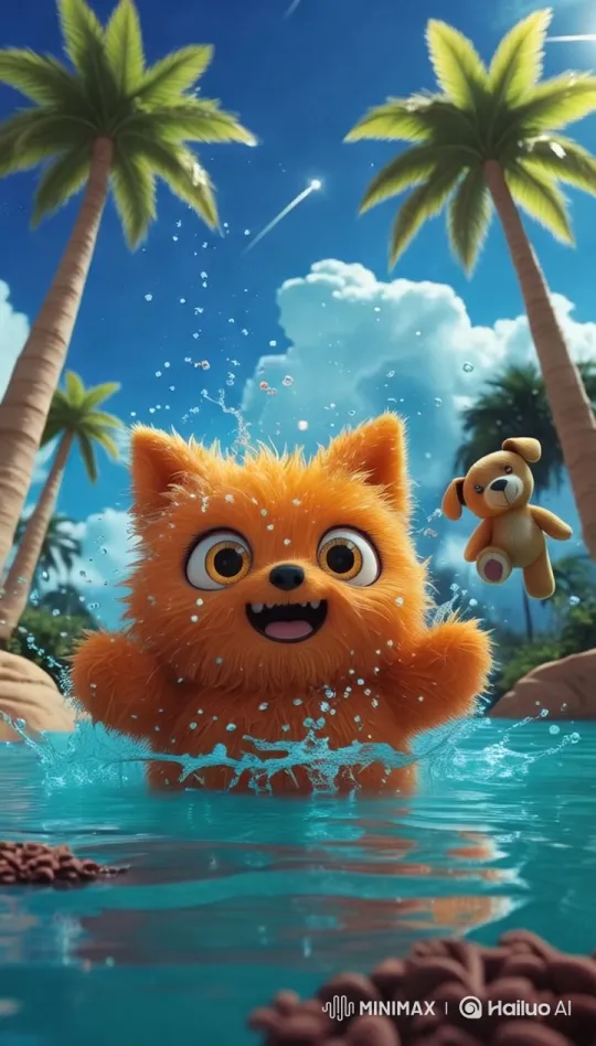 Magical Fluffy Friends Splash in Vibrant Lagoon – AI Generated Video | Hailuo AI