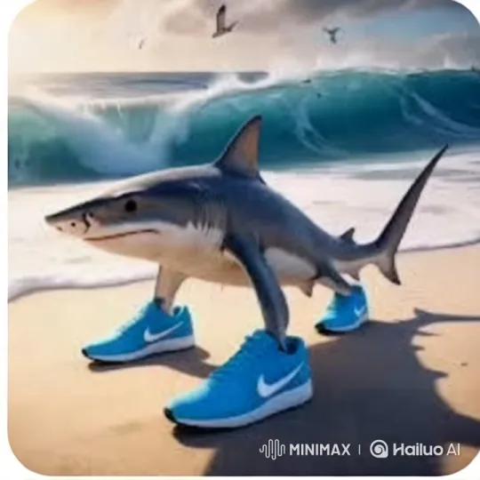 Surreal Scene: Shark in Nike Sneakers on Beach – AI Generated Video | Hailuo AI