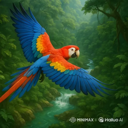 Jungle Majesty: Macaw's Graceful Flight – AI Generated Video | Hailuo AI