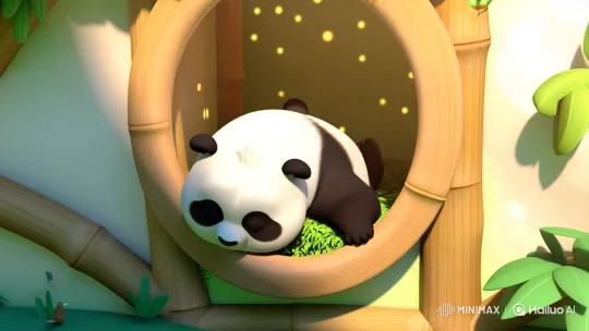 Cute Panda Pipo's Peaceful Awakening in Bamboo House – AI Generated Video | Hailuo AI