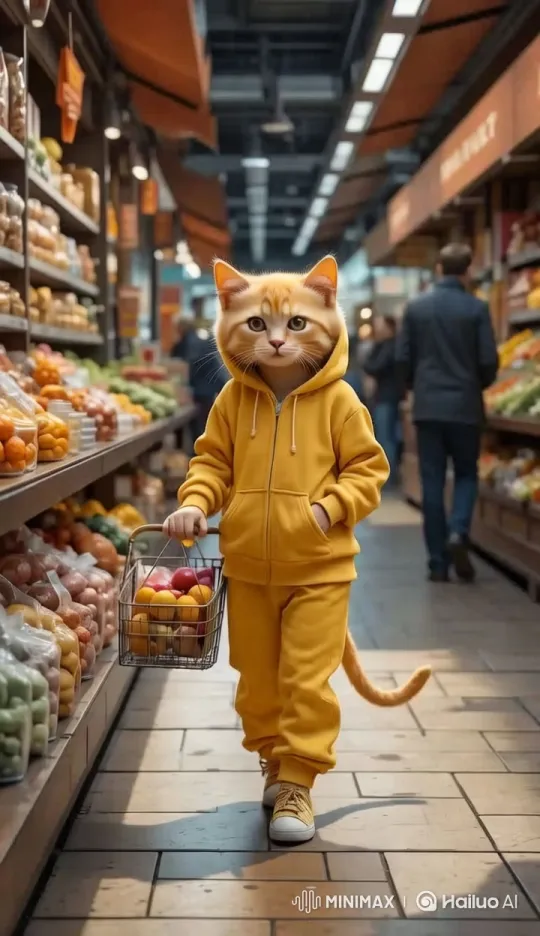 Child in Cat Costume Explores Vibrant Grocery Store – AI Generated Video | Hailuo AI
