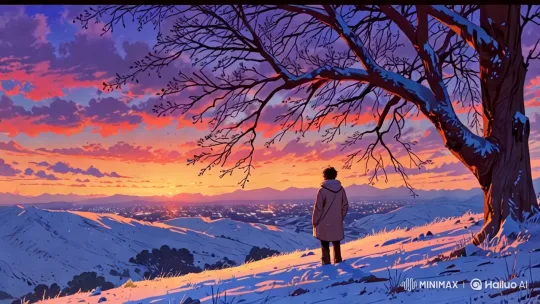 Golden Hour Meditation on Snowy Hillside – AI Generated Video | Hailuo AI
