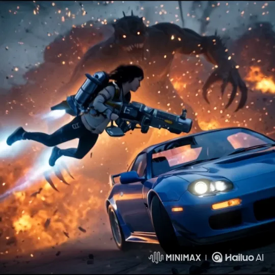Jetpack Hero Flees Monster Amid Explosions – AI Generated Video | Hailuo AI