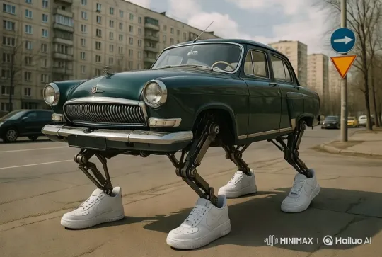Vintage Car with Robotic Legs Explodes in Cityscape – AI Generated Video | Hailuo AI