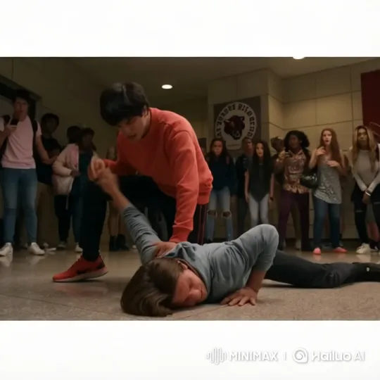 Red Shirt Dominates Blue Shirt in School Hallway Confrontation – AI Generated Video | Hailuo AI
