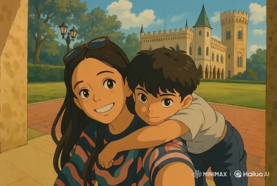 Joyful Bond Between Woman and Boy in Castle Setting – AI Generated Video | Hailuo AI