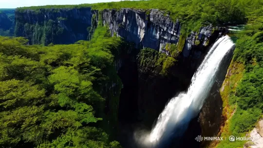 Dynamic Camera Captures Majestic Waterfall and Verdant Landscape – AI Generated Video | Hailuo AI