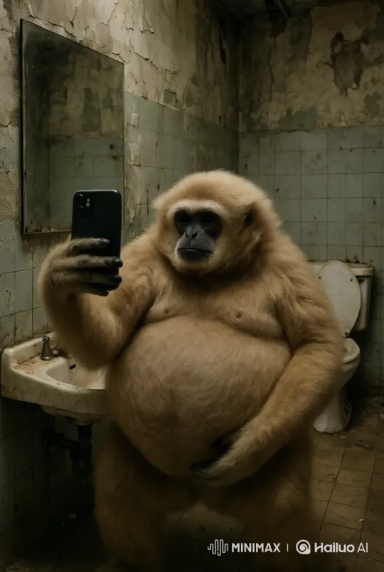 Gibbon Takes Amusing Selfie in Run-down Bathroom – AI Generated Video | Hailuo AI