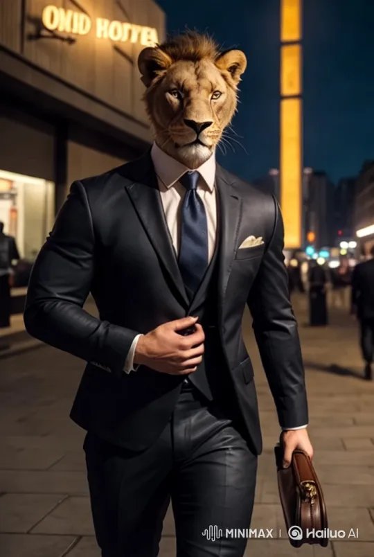Anthropomorphic Lion in a Suit Walks Through City – AI Generated Video | Hailuo AI