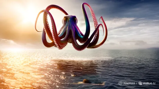 Enormous Octopus Grasps Struggling Person in Sunlit Water – AI Generated Video | Hailuo AI