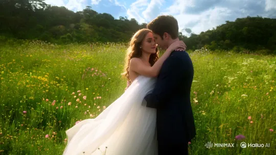 Intimate Embrace in a Lush Meadow with Dramatic Sky – AI Generated Video | Hailuo AI