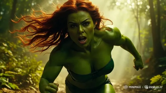 She-Hulk's Dynamic Run Through a Lush Forest – AI Generated Video | Hailuo AI