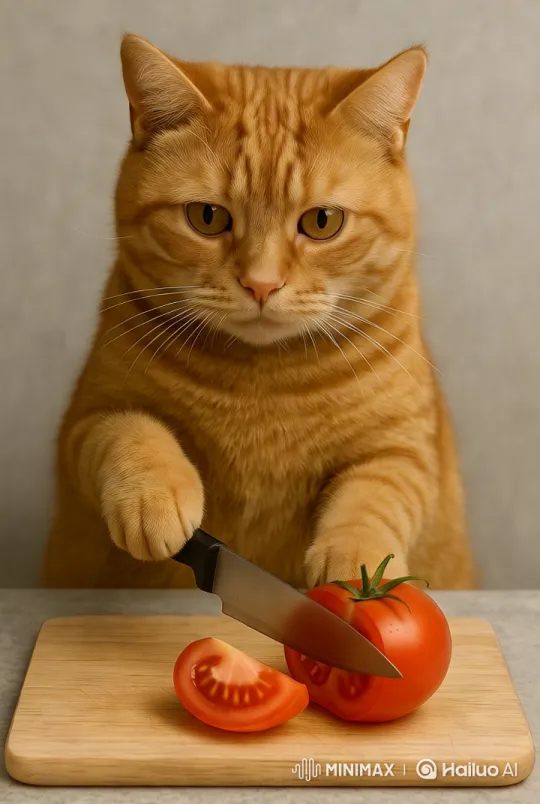 Ginger Cat Slices Tomato with Precision – AI Generated Video | Hailuo AI