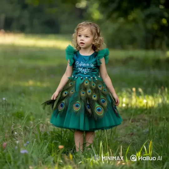 Peacock Dress Girl in Serene Garden Setting – AI Generated Video | Hailuo AI