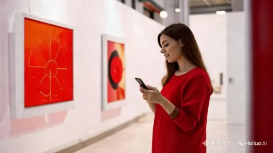 Woman in Red at Modern Art Gallery – AI Generated Video | Hailuo AI