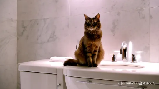 High-Contrast Bathroom Scene: Man Eats Cat's Poop – AI Generated Video | Hailuo AI