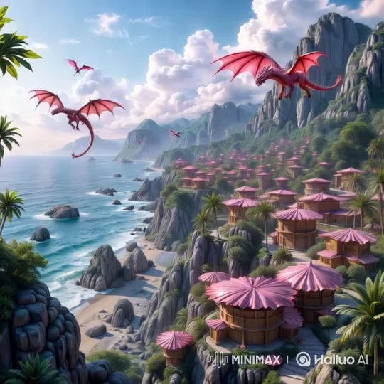 Fantasy Village Overlooking Coast with Dragons翱翔 – AI Generated Video | Hailuo AI