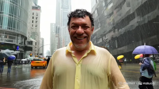 Joyful Man Embraces Rain in Bustling City – AI Generated Video | Hailuo AI
