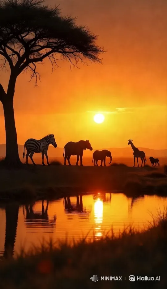 African Savanna Sunset: Wildlife Reflects in Tranquil Waterhole – AI Generated Video | Hailuo AI