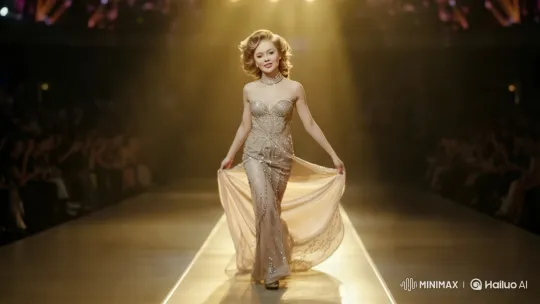 Glamorous Model Showcases Elegant Gown on Dramatic Runway – AI Generated Video | Hailuo AI