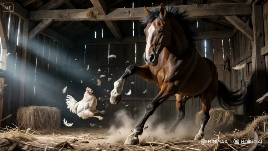 Horse Kicks Chicken in Sunlit Barn Drama – AI Generated Video | Hailuo AI