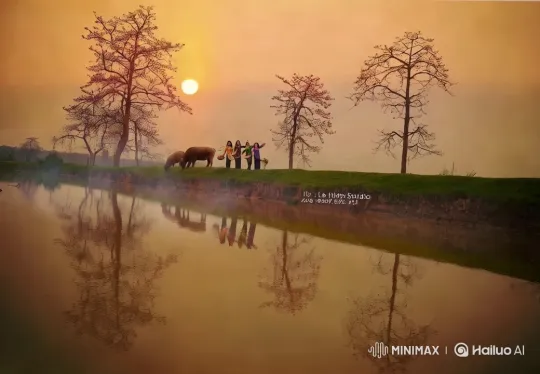 Traditional Harmony: Women, Buffaloes, and Serene River Landscape – AI Generated Video | Hailuo AI