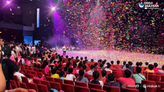 Colorful Confetti Celebration Captured in Auditorium Time-Lapse – AI Generated Video | Hailuo AI