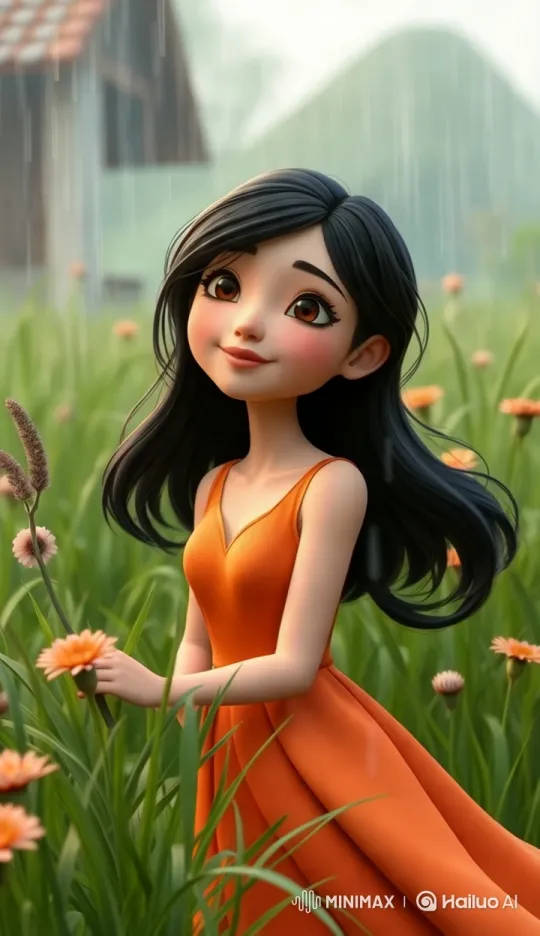 Aesthetic Harmony: Woman in Orange Dress Amidst Nature – AI Generated Video | Hailuo AI