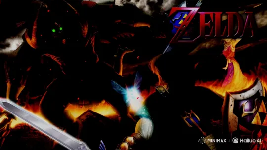 Mysterious Figure with Sword Amidst Flames and Zelda Logo – AI Generated Video | Hailuo AI